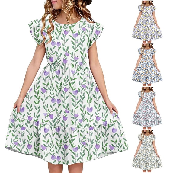 Bxsruta Girls Summer Dress Double Layer Ruffle Sleeve Casual Party Wear for 5-14 Years Old