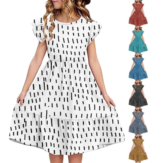 Bxsruta Girls Summer Dress Double Layer Ruffle Sleeve Casual Party Wear for 5-14 Years Old