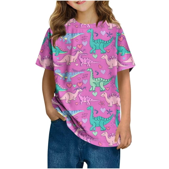 Bxsruta Girls T Shirts, Toddler Kids Boys Girls Little Dinosaur Print T-shirt Fashion Cute Round Neck Print Short Sleeve T-shirt, Pink 5 Years