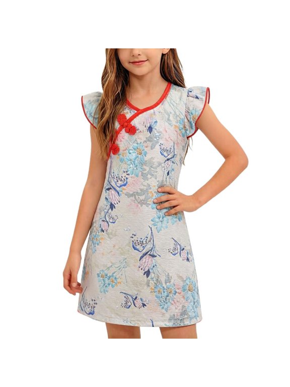Girls Traditional Chinese Qipao Style Casual Dress with Ruffle Cap Sleeve and Floral Print for Daily Wear Birthday Party Outdoor Activities Ages 3 to 12 Vintage Frog Button Decor