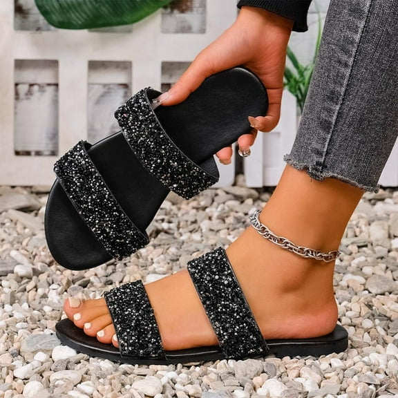 Bxsruta Glitter Strap Slide Sandals with Cushioned Footbed, Sparkling Casual Beach Shoes for Women's Summer Wardrobe
