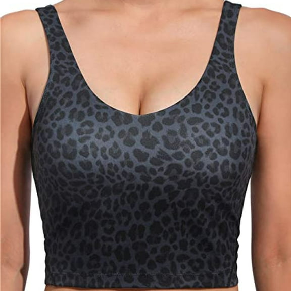 Bxsruta High Impact Sports Bras for Women, Racerback Bra Leopard Workout Crop Tops Longline Yoga Bra Push up Plus Size Black S