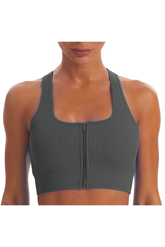 High Impact Sports Bras for Women Zip Front Sports Bra Workout Fitness Running Yoga Dark Gray L