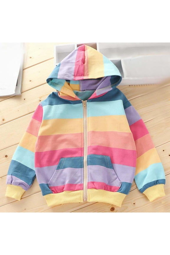 Jacket for Boys, Rainbow Striped Boys Hooded Sweatshirt, Long Sleeve Zippered Casual Jacket