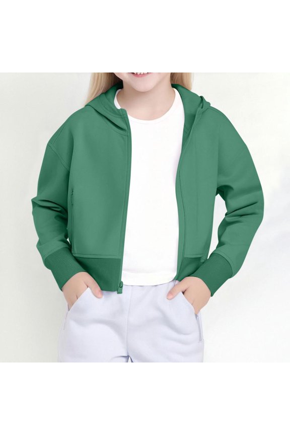 Jacket for Girls, Girls Solid Fleece Full Zip-Front Performance Hoodie Sports Long Sleeve Pullover Crop