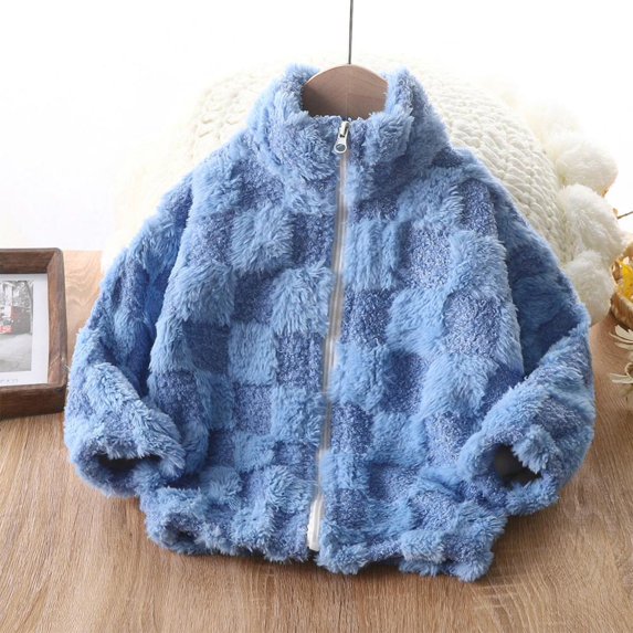 Bxsruta Jacket for Girls, Plaid Fleece Stand Collar Jacket for Kids, Zippered Thermal Outerwear with Long Sleeves, Casual Winter Coat
