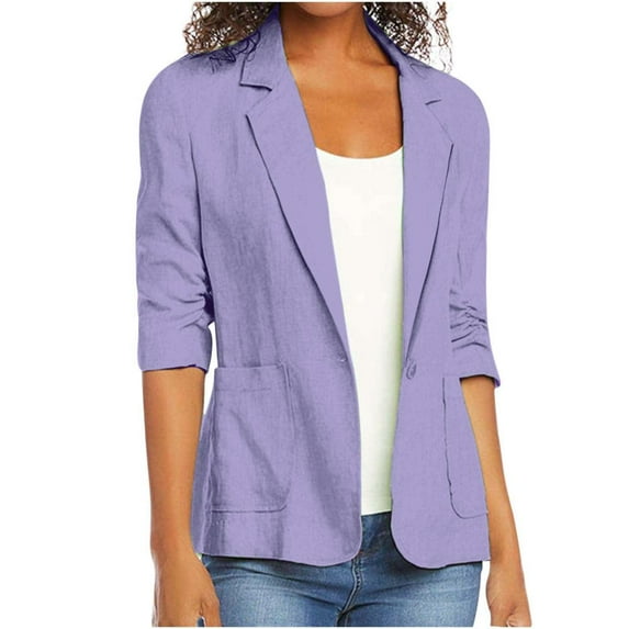 Bxsruta Jacket for Women, Cropped 3/4 Sleeve Open Front Blazer, Women's Linen-Like Work Jacket with Lapel Collar, Lightweight Overshirt