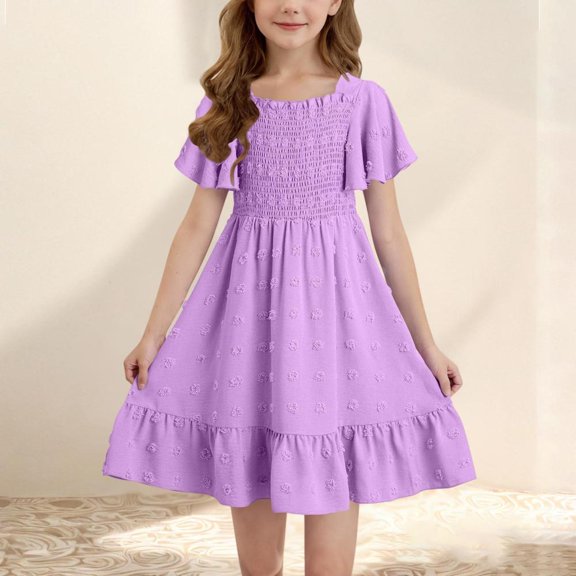Bxsruta Jacquard Short Sleeve Dress for Girls, Comfortable Ruffled Princess Gown with Flowy Silhouette for Events, Ceremonies and Celebrations