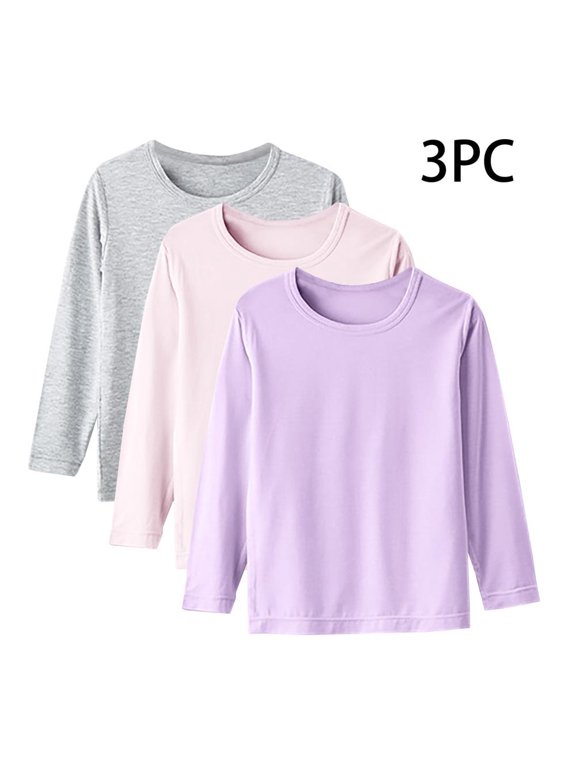 Kids Long Sleeve Crew Neck T-Shirt 3 Pack Comfortable Stretch Soft Casual Basic Top for Everyday Wear