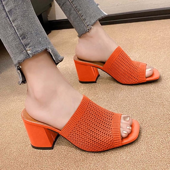 Bxsruta Knit Mule Heeled Slippers, Breathable Spring Summer Footwear with Supportive Thick Heel & Open Toe
