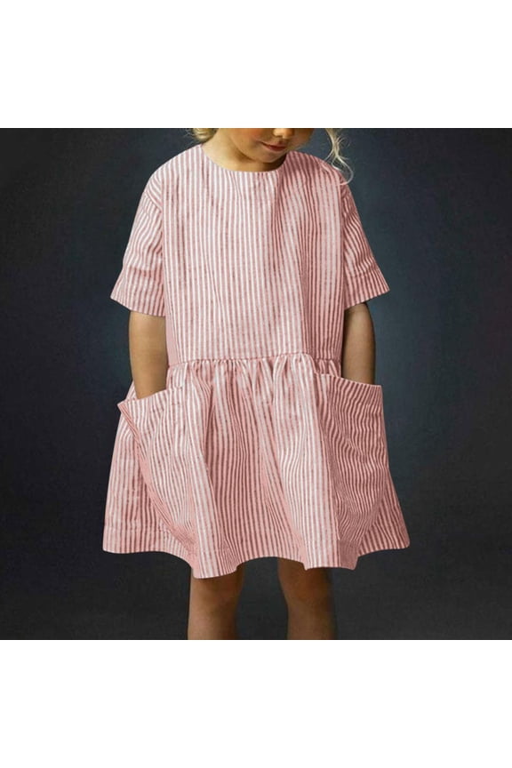 Linen Blend Striped Short Sleeve Dress for Girls, Casual Pocketed Sundress with Comfort Fit for Daily Outings and Seasonal Activities