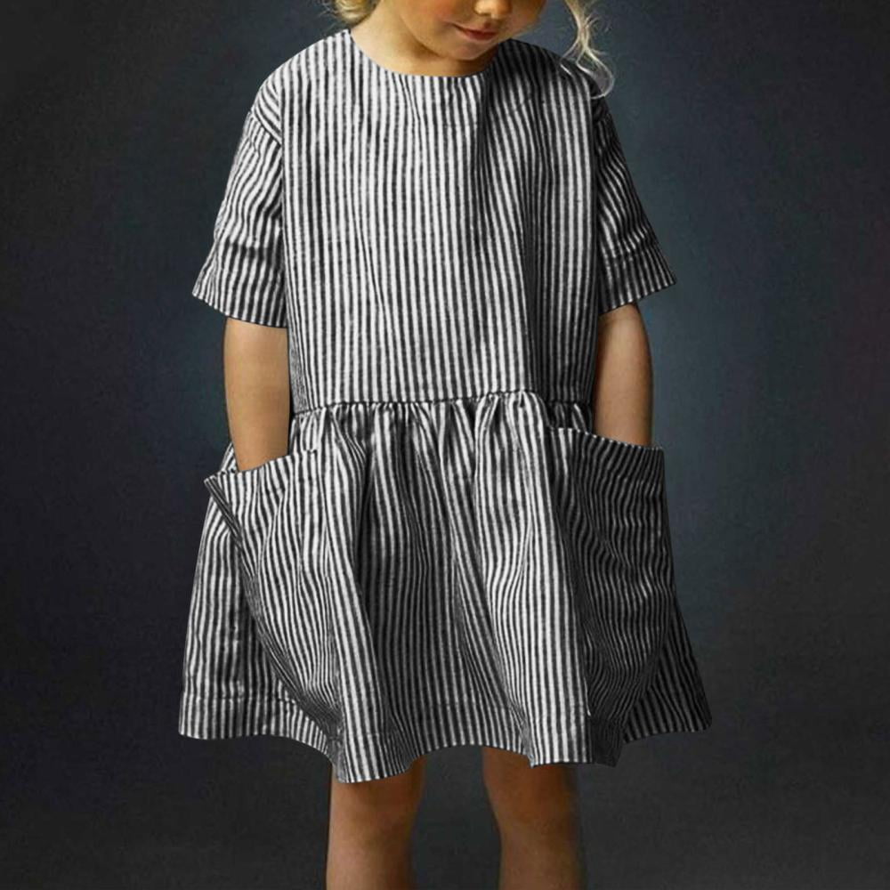 Bxsruta Linen Blend Striped Short Sleeve Dress for Girls, Casual ...