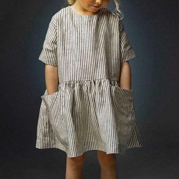 Bxsruta Linen Blend Striped Short Sleeve Dress for Girls, Casual Pocketed Sundress with Comfort Fit for Daily Outings and Seasonal Activities