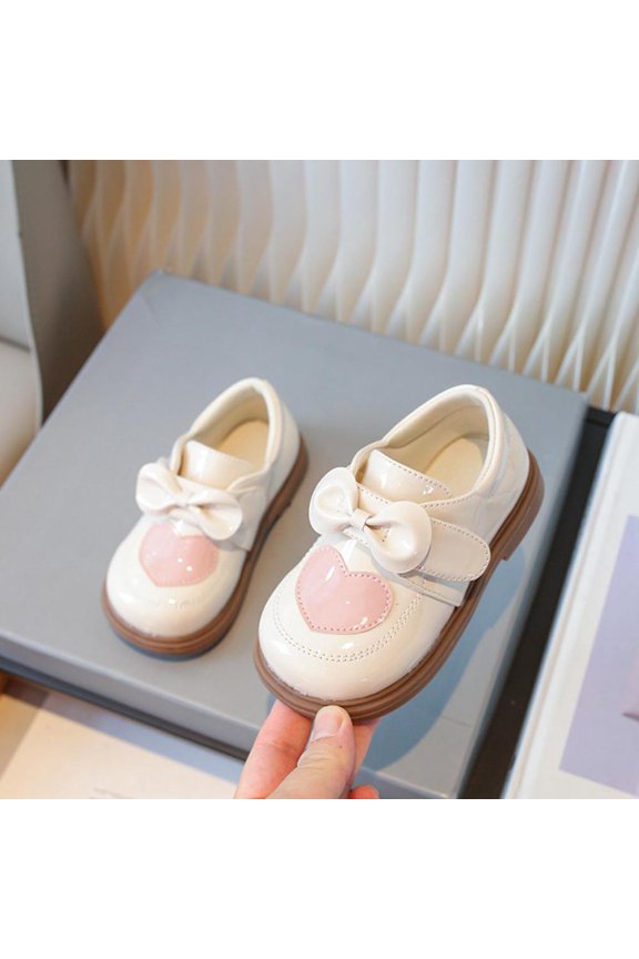 Little Girls' Soft Sole English Style Heart Bowknot Flats with Patent Leather and Hook and Loop Closure for Spring Summer