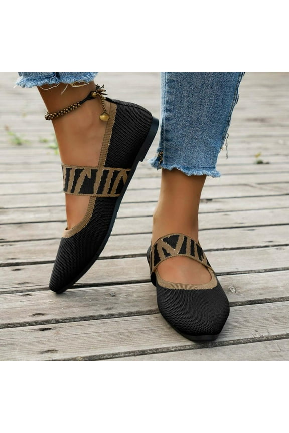 Mary Jane Flying Woven Loafers with Geometric Pattern Straps, Lightweight Retro Pointed-Toe Shoes for Women