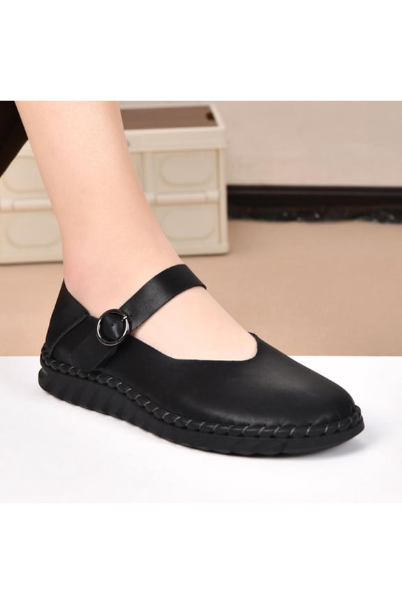 Mary Jane-Style Buckle Strap Flats, Women's Leather Casual Sandals with Padded Insole for All-Day Comfort