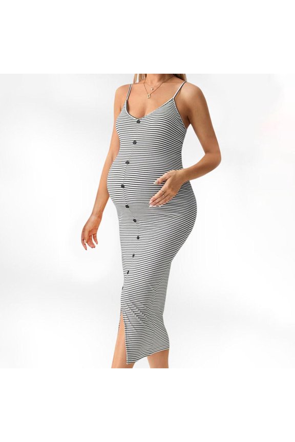 Maternity Camisole Dress Striped Knitted V Neck Side Slit Slim Fit Hip Hugging Backless Summer Dress