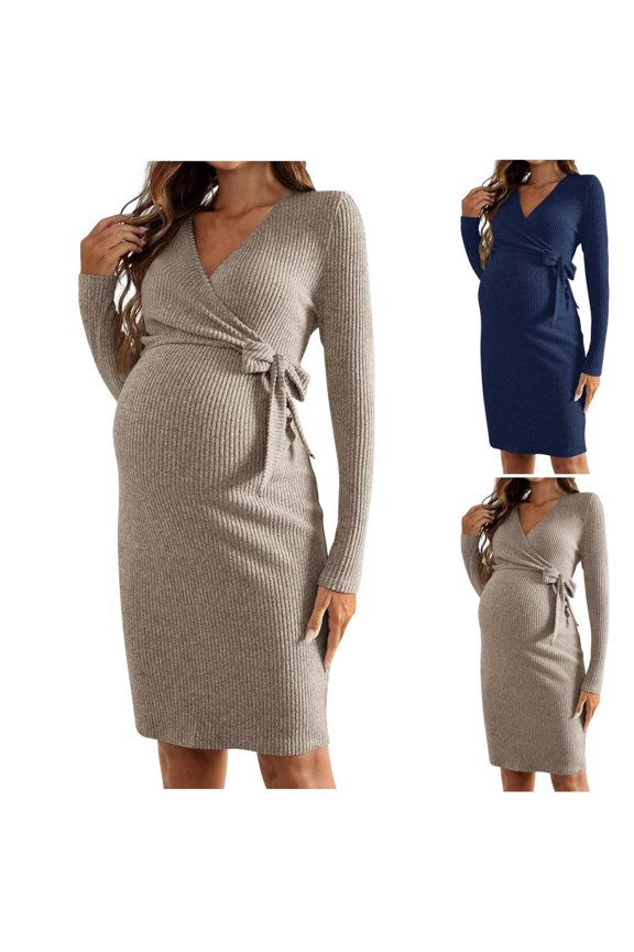Maternity Long Sleeve V Neck Nursing Dress Knitted Figure Hugging Pregnancy Top