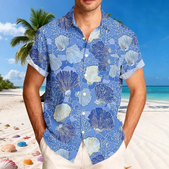 Bxsruta Men'S Casual Short Sleeve Button-Down Shirt with Turndown Collar and All-Over Print, Soft Breathable Polyester for Summer Outdoor Daily Wear, L