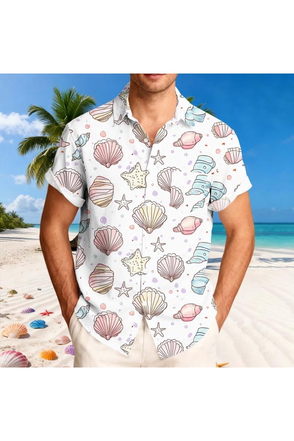 Men'S Extended Size Casual Short Sleeve Button-Down Shirt with Printed Turndown Collar for Summer Outdoor Wear, Loose Fit Polyester Fabric, Machine Washable, M