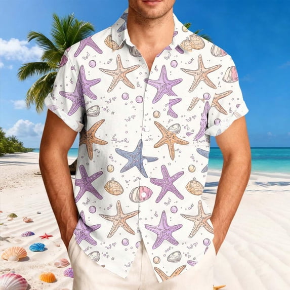 Bxsruta Men'S Extended Size Casual Short Sleeve Button-Down Shirt with Printed Turndown Collar for Summer Outdoor Wear, Loose Fit Polyester Fabric, Machine Washable, 5XL