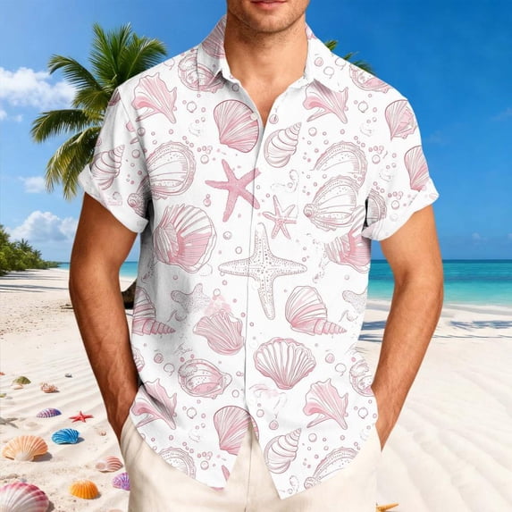Bxsruta Men'S Extended Size Casual Short Sleeve Button-Down Shirt with Printed Turndown Collar for Summer Outdoor Wear, Loose Fit Polyester Fabric, Machine Washable, 3XL