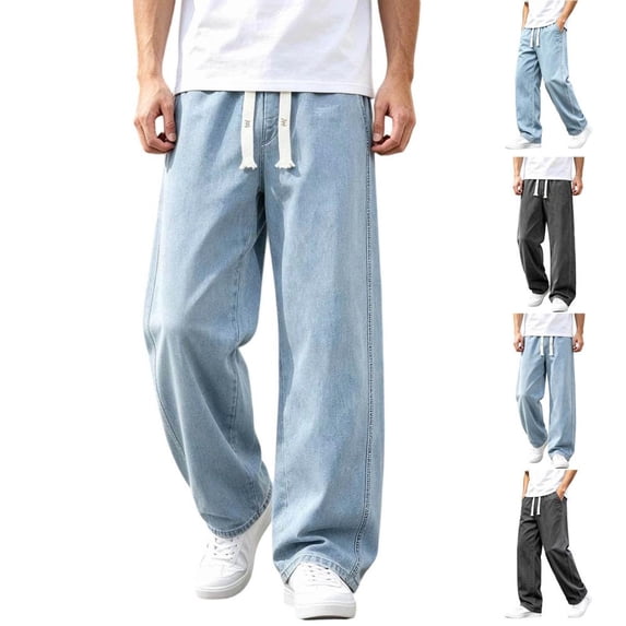 Bxsruta Men's Drawstring Jeans Baggy Denim Pants Wide Leg Loose Fit Casual Streetwear