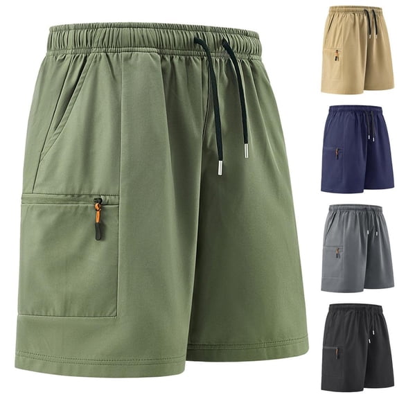 Bxsruta Men's Elastic Work Shorts with Multiple Pockets, Quick-Dry Polyester Stretch for Hiking, Work & Travel, 5-Pocket Design & Drawstring Waist