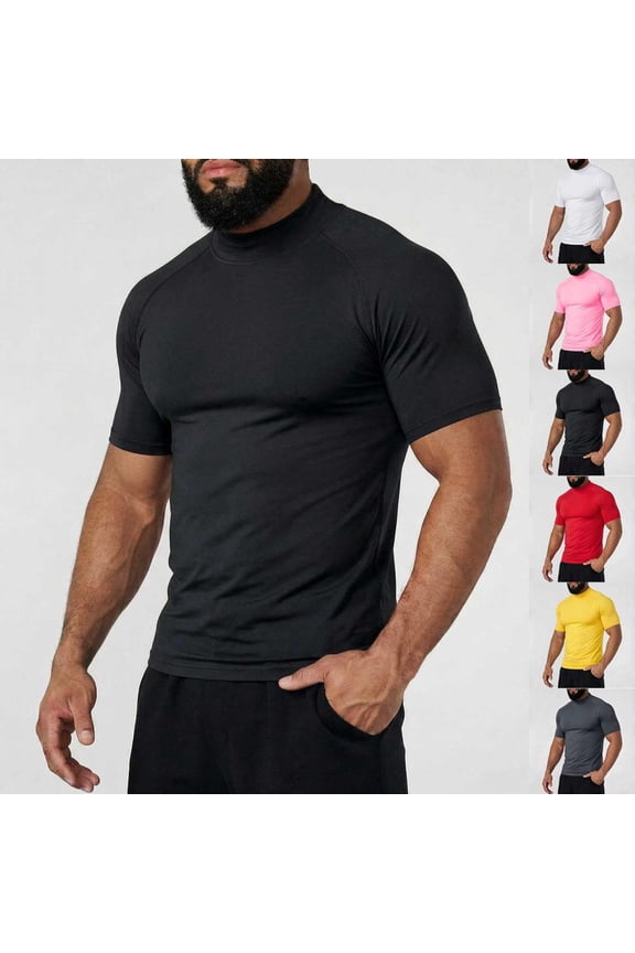 Men's Mock Neck Short Sleeve Compression Shirt Athletic Slim Fit Workout Gym Active Top