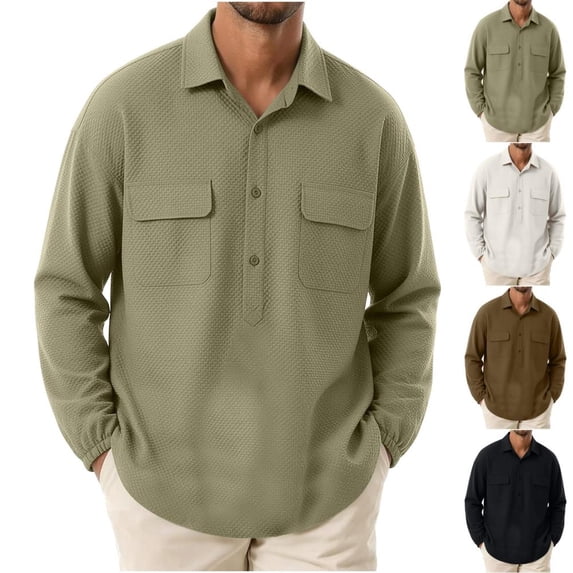Bxsruta Men's Pullover Shirts Long Sleeve Half Button Down Tops with Pockets Textured Casual Workwear