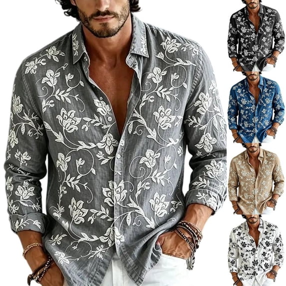 Bxsruta Men's Shirt Embroidered Long Sleeve Button Down Casual Vacation Tops