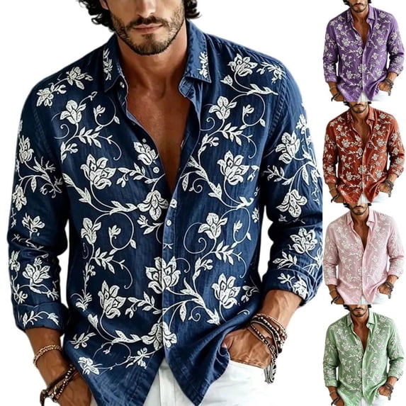 Bxsruta Men's Shirt Embroidered Long Sleeve Button Down Casual Vacation Tops