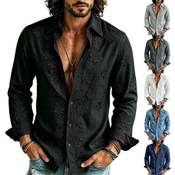 Bxsruta Men's Shirt Embroidered Long Sleeve Button Down Casual Vacation Tops
