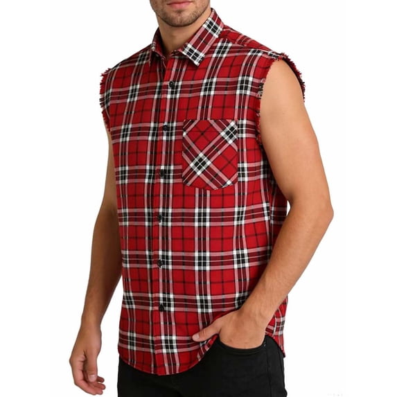 Bxsruta Men's Sleeveless Plaid Button Down Shirt Casual Frayed Edge Lapel Tank Top for Daily Wear