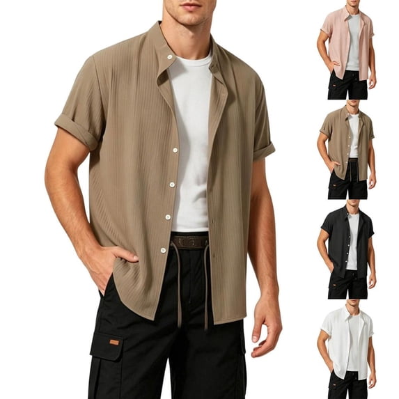 Bxsruta Men's Summer Casual Short Sleeve Button Front Shirt Lightweight Breathable Polyester Spandex
