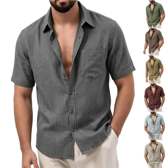 Bxsruta Men's V-Neck Casual Short Sleeve Button Down Shirt Lightweight Polyester Daily Wear with Chest Pocket