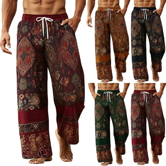 Bxsruta Mens Casual Pants Elastic Waist Boho Trousers Drawstring Loose Fit Summer Beach Lounge Pants