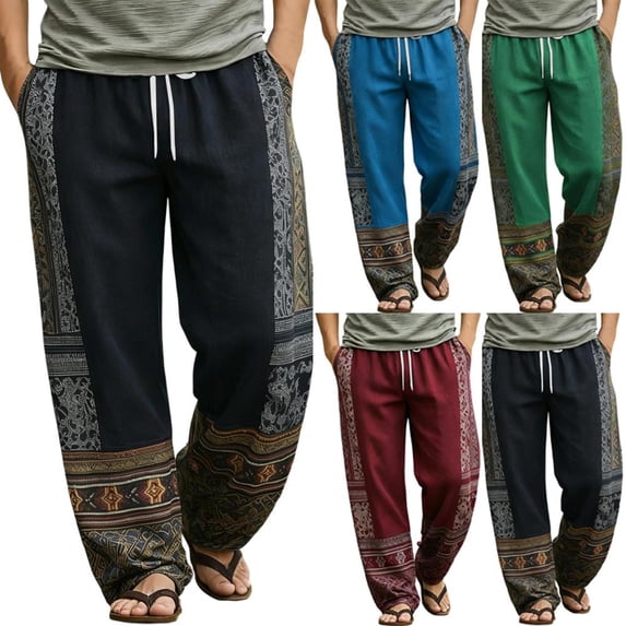 Bxsruta Mens Casual Pants Elastic Waist Boho Trousers Drawstring Loose Fit Summer Beach Lounge Pants