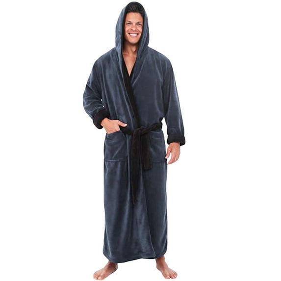 Bxsruta Mens Fleece Bathrobe Hooded Long Sleepwear Plush Spa Robe with Pockets and Belt