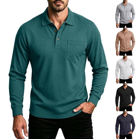 Bxsruta Mens Long Sleeve Shirt Button Placket Chest Pocket Ribbed Cuffs Casual Work Golf Tops