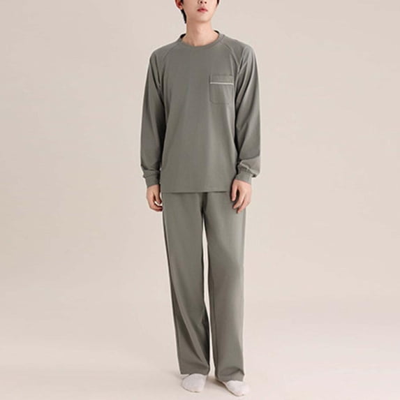 Bxsruta Mens Pajama Set Long Sleeve Crew Neck Sleepwear Loungewear with Pocket