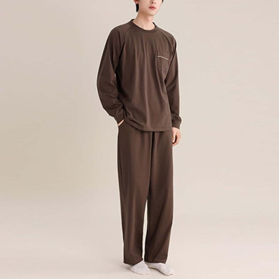Bxsruta Mens Pajama Set Long Sleeve Crew Neck Sleepwear Loungewear with Pocket