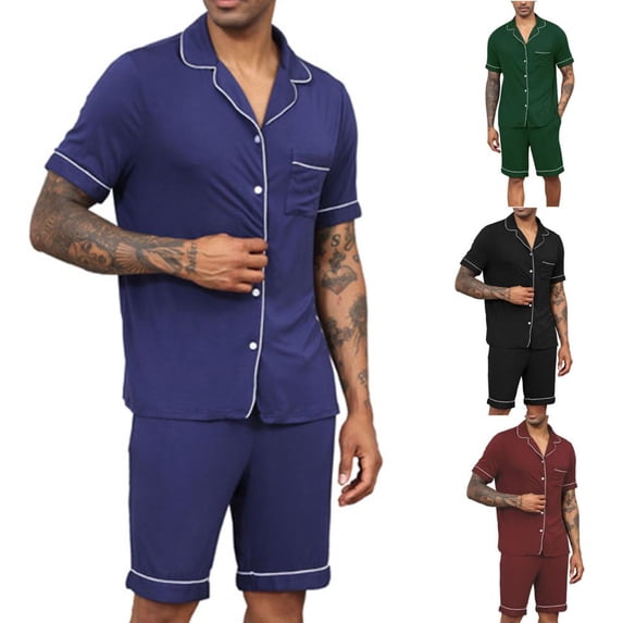 Bxsruta Mens Short Sleeve Pajama Set Button Down Sleepwear Loungewear Lounge Set for Sleeping