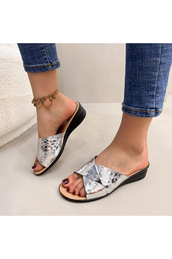 Metallic Finish Slide Sandals, Women's Low-Wedge Casual Footwear - Synthetic Leather Upper for Daily Outings
