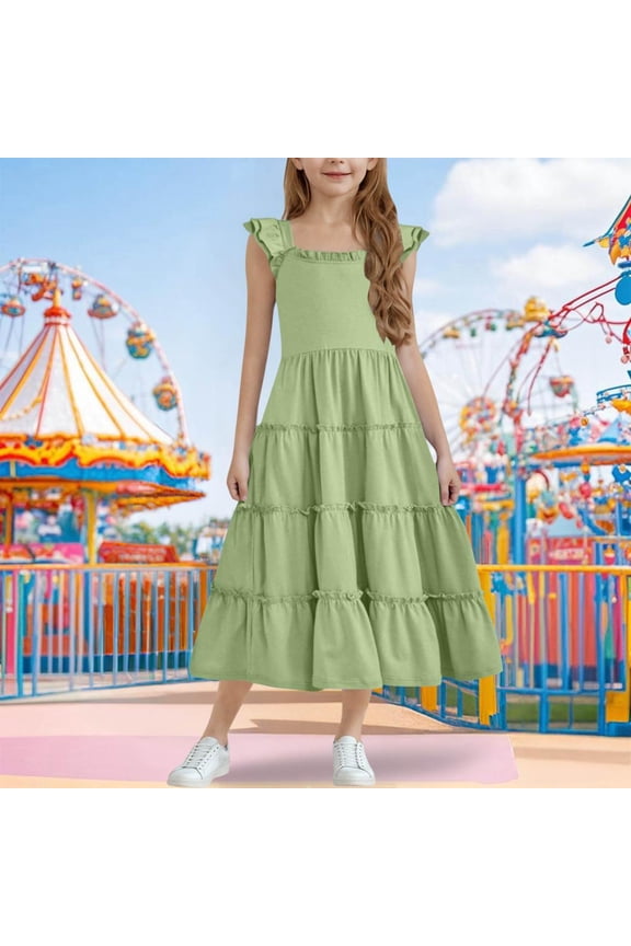 Open Back Bow Detail Summer Dress, Round Neck with Short Ruffle Sleeves, Lightweight Maxi Length Design