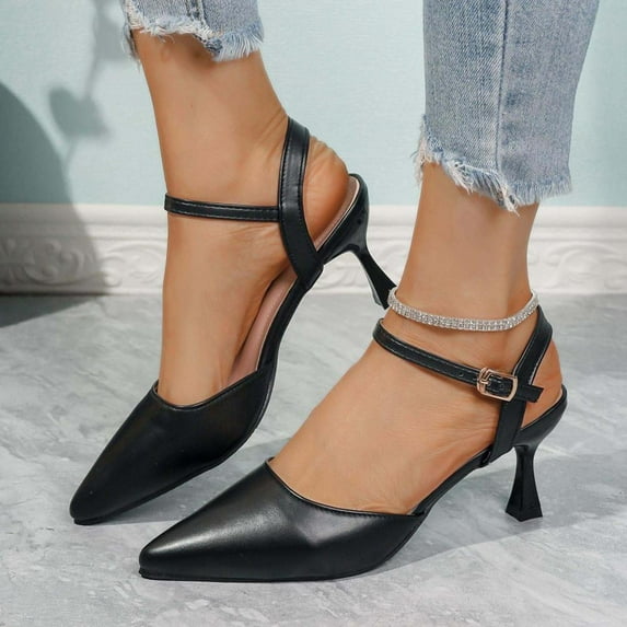Bxsruta Open-Back Pointed Toe Stiletto Heels with Ankle Buckle, Women's Sophisticated Dress Shoes for Office/Evening Events