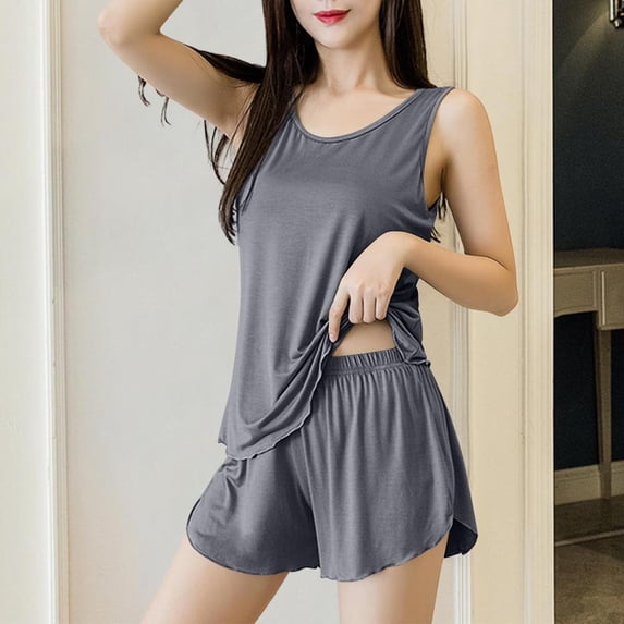 Bxsruta Pajamas Set for Women, Women's Loose Fit Sleeveless Camisole & Elastic Waist Shorts Pajama Set - Soft Polyester Casual Summer Home Lounge Sleepwear