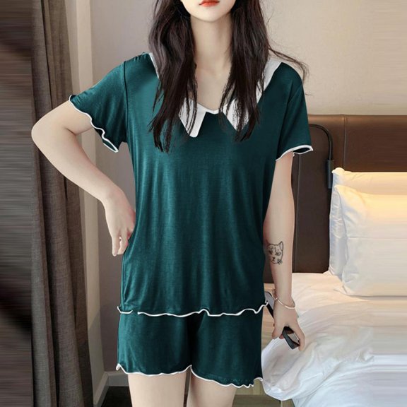 Bxsruta Pajamas Set for Women, Women's Sleepwear Sets Womens V-Neck Short Sleeve Pajama Set with Relaxed Fit Tops and Drawstring Shorts, Soft Casual Sleepwear Loungewear