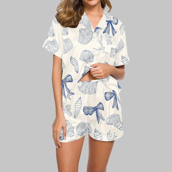 Bxsruta Pajamas Set for Women, Women's Casual Printed Pajama Set, Button-Down Blouse & Short Pants, Lightweight Loungewear
