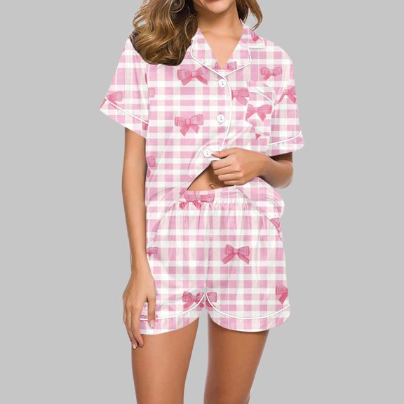 Bxsruta Pajamas Set for Women, Women's Casual Printed Pajama Set, Button-Down Blouse & Short Pants, Lightweight Loungewear